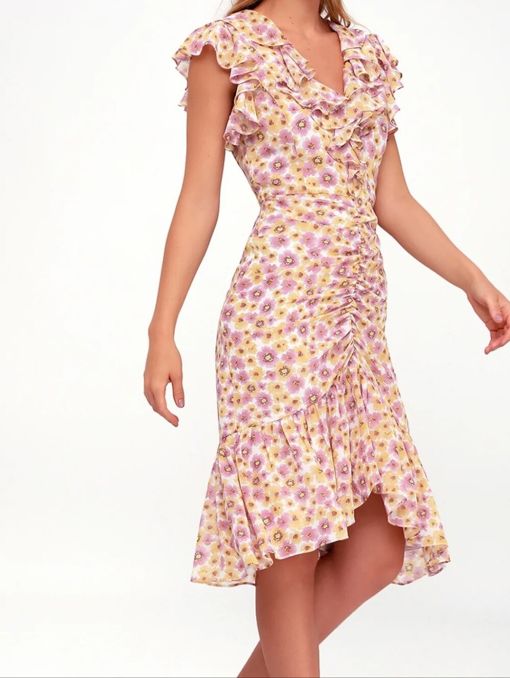 WAYF Daphne Purple and Yellow Floral Print Midi Dress